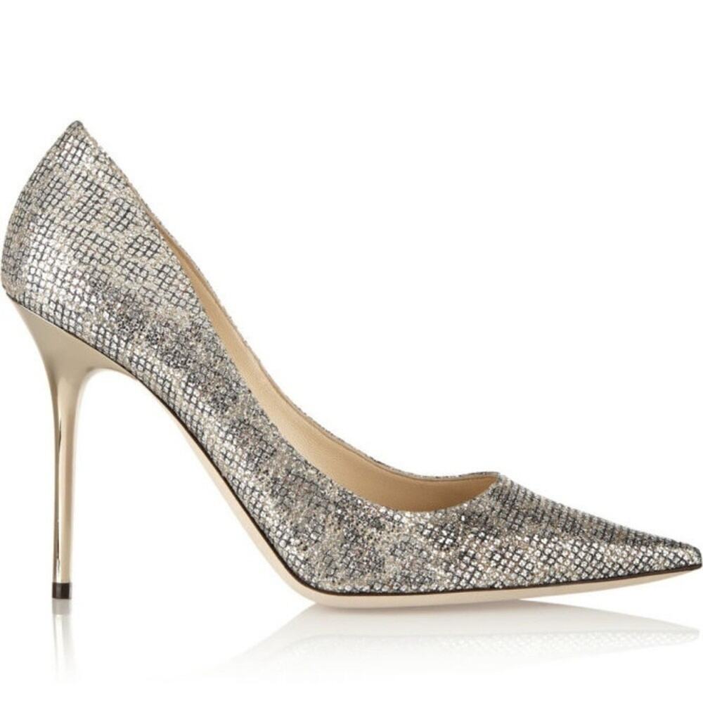JIMMY CHOO Coarse Glitter Fabric Leopard Print Abel Pumps Champagne 38.5